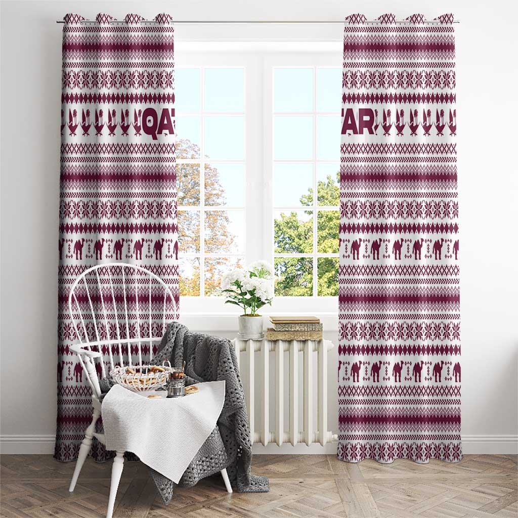 Qatar Christmas Window Curtain with Maroon-White Pattern, National Emblem, and Camel Motif - Wonder Print Shop