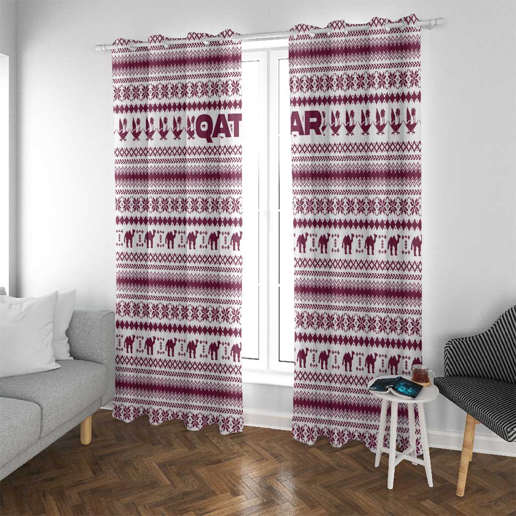 Qatar Christmas Window Curtain with Maroon-White Pattern, National Emblem, and Camel Motif - Wonder Print Shop
