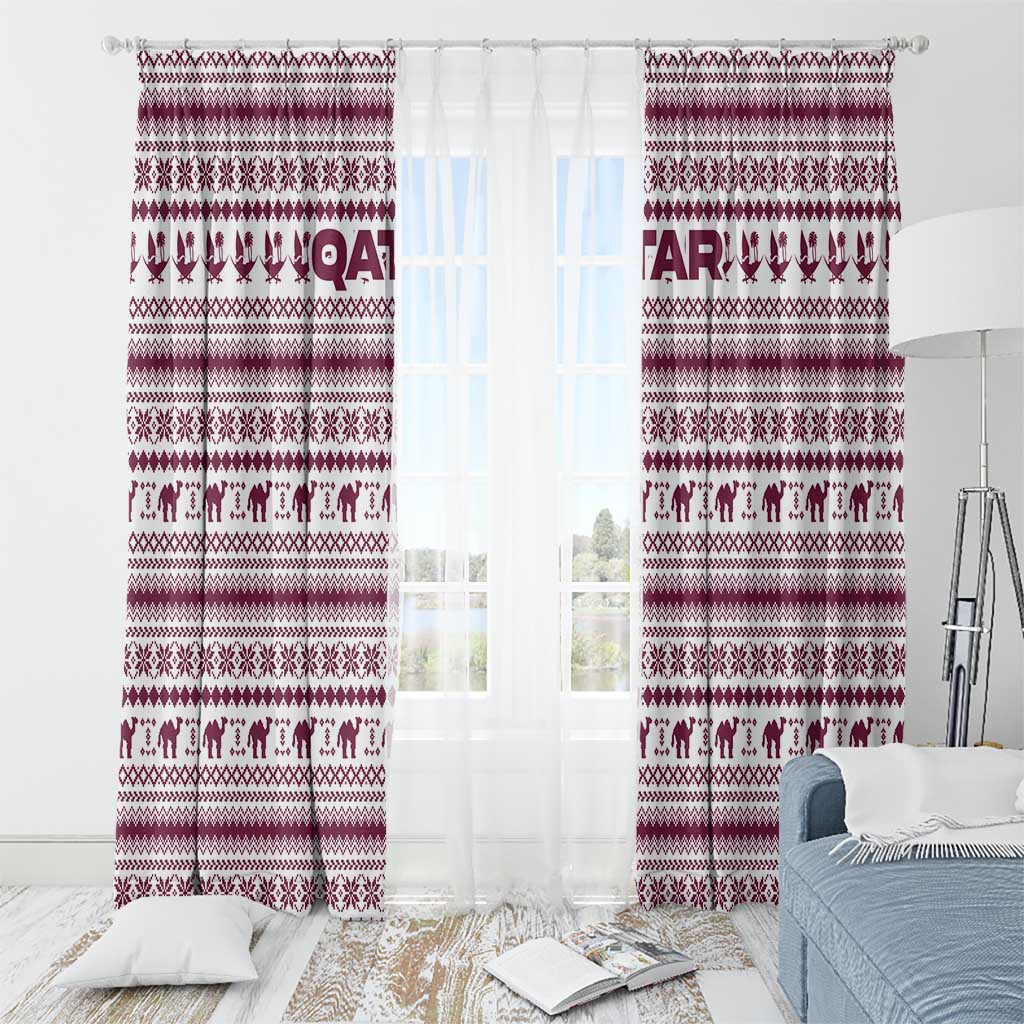 Qatar Christmas Window Curtain with Maroon-White Pattern, National Emblem, and Camel Motif - Wonder Print Shop