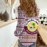 Qatar Christmas Women Casual Shirt with Maroon-White Pattern, National Emblem, and Camel Motif - Wonder Print Shop