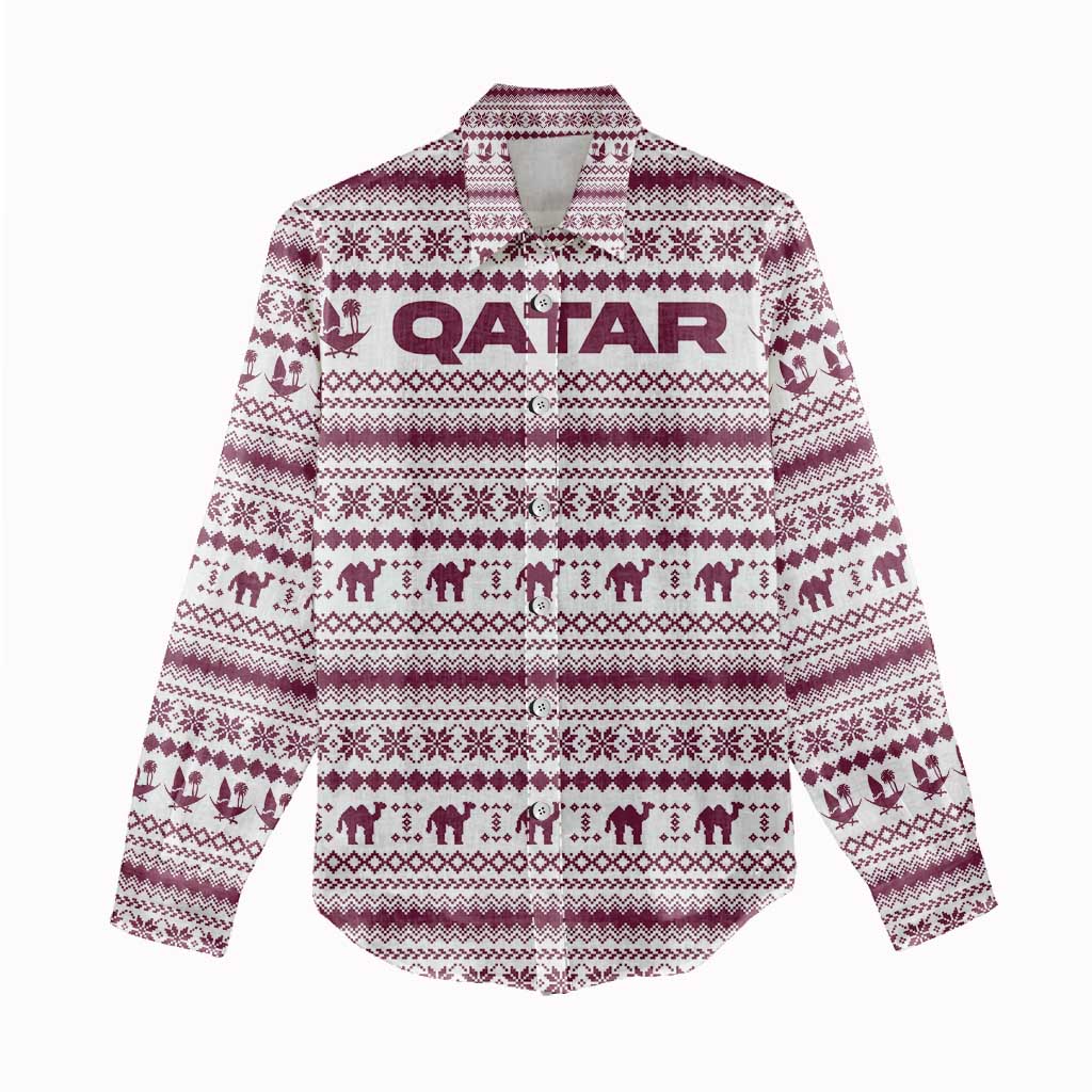 Qatar Christmas Women Casual Shirt with Maroon-White Pattern, National Emblem, and Camel Motif - Wonder Print Shop