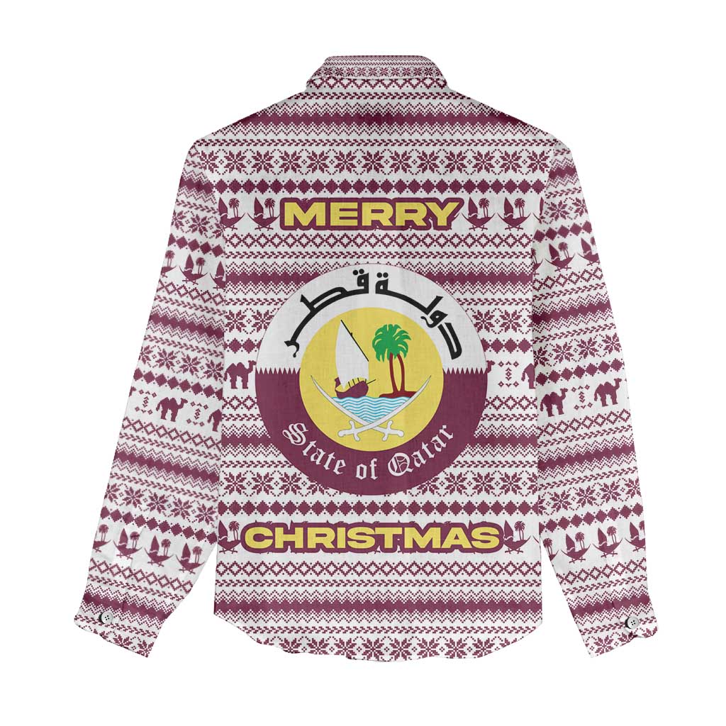 Qatar Christmas Women Casual Shirt with Maroon-White Pattern, National Emblem, and Camel Motif - Wonder Print Shop