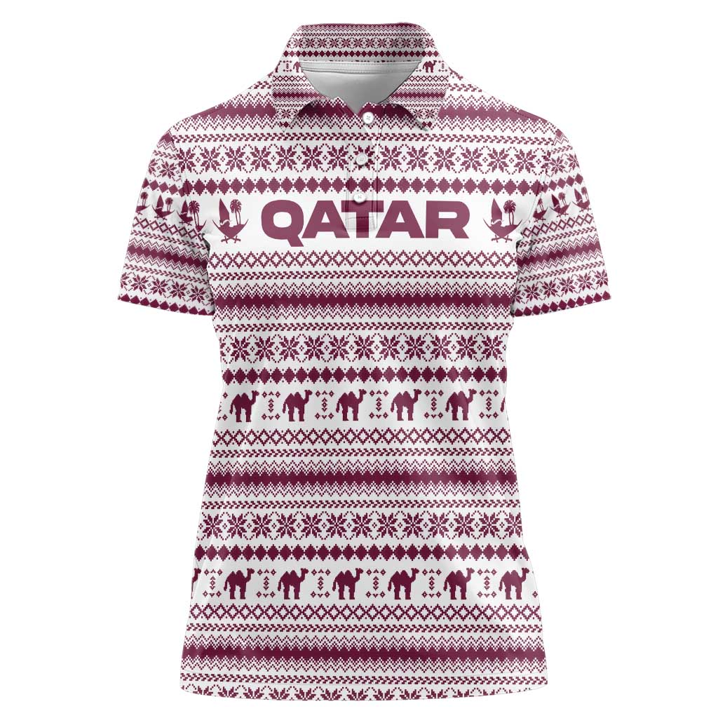 Qatar Christmas Women Polo Shirt with Maroon-White Pattern, National Emblem, and Camel Motif - Wonder Print Shop