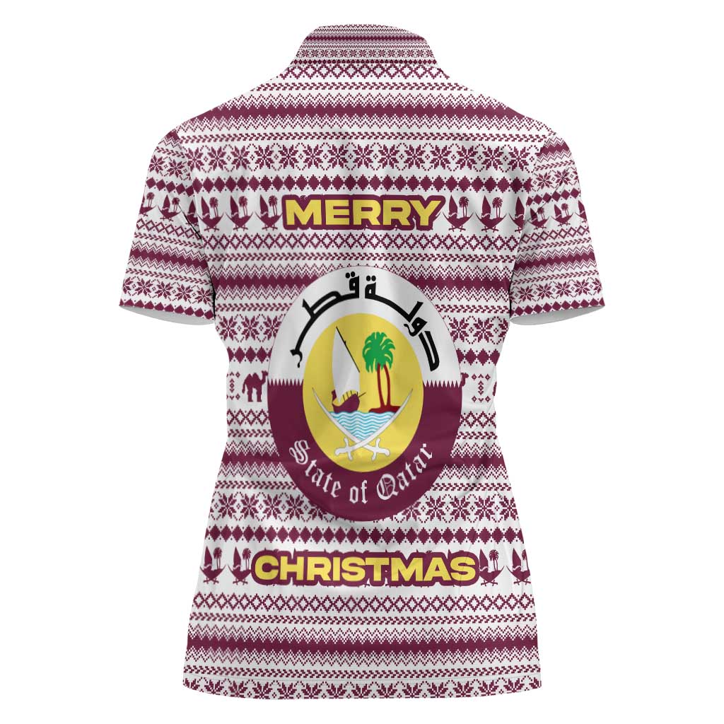 Qatar Christmas Women Polo Shirt with Maroon-White Pattern, National Emblem, and Camel Motif - Wonder Print Shop