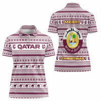 Qatar Christmas Women Polo Shirt with Maroon-White Pattern, National Emblem, and Camel Motif - Wonder Print Shop