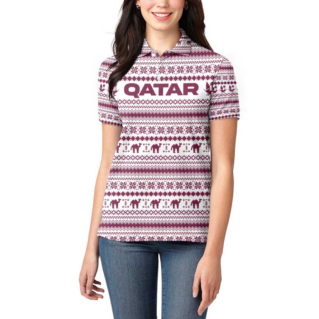 Qatar Christmas Women Polo Shirt with Maroon-White Pattern, National Emblem, and Camel Motif - Wonder Print Shop