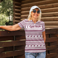 Qatar Christmas Women Polo Shirt with Maroon-White Pattern, National Emblem, and Camel Motif - Wonder Print Shop