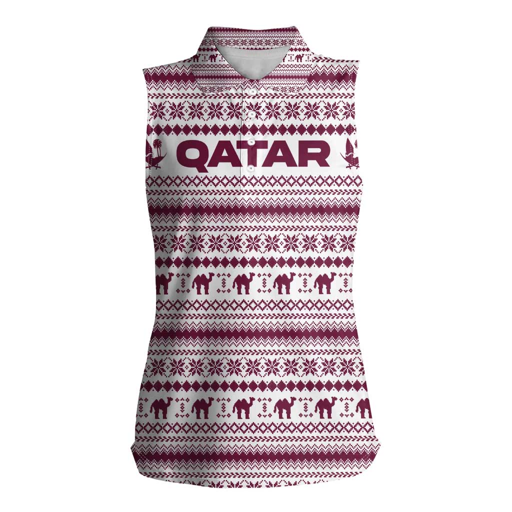 Qatar Christmas Women Sleeveless Polo Shirt with Maroon-White Pattern, National Emblem, and Camel Motif - Wonder Print Shop