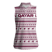 Qatar Christmas Women Sleeveless Polo Shirt with Maroon-White Pattern, National Emblem, and Camel Motif - Wonder Print Shop