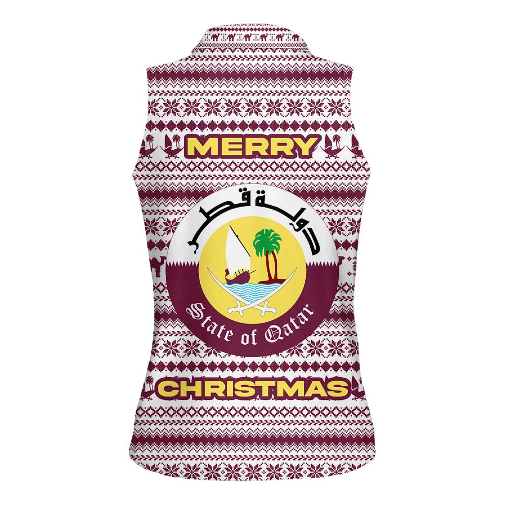 Qatar Christmas Women Sleeveless Polo Shirt with Maroon-White Pattern, National Emblem, and Camel Motif - Wonder Print Shop