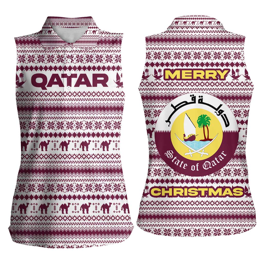 Qatar Christmas Women Sleeveless Polo Shirt with Maroon-White Pattern, National Emblem, and Camel Motif - Wonder Print Shop