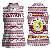 Qatar Christmas Women Sleeveless Polo Shirt with Maroon-White Pattern, National Emblem, and Camel Motif - Wonder Print Shop