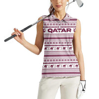 Qatar Christmas Women Sleeveless Polo Shirt with Maroon-White Pattern, National Emblem, and Camel Motif - Wonder Print Shop