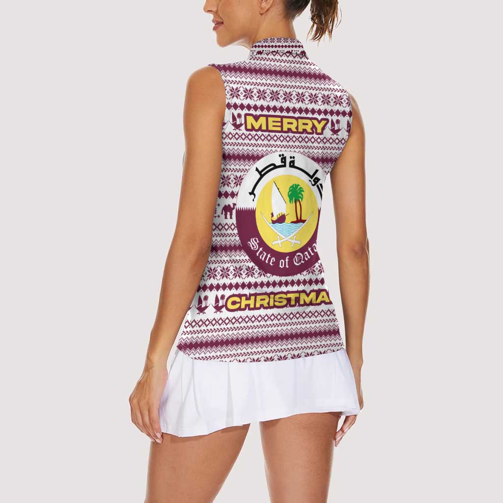 Qatar Christmas Women Sleeveless Polo Shirt with Maroon-White Pattern, National Emblem, and Camel Motif - Wonder Print Shop