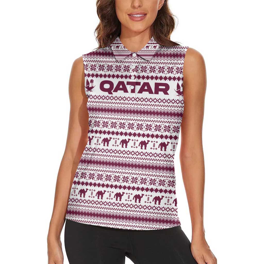 Qatar Christmas Women Sleeveless Polo Shirt with Maroon-White Pattern, National Emblem, and Camel Motif - Wonder Print Shop
