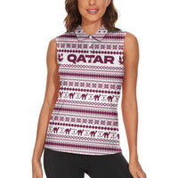 Qatar Christmas Women Sleeveless Polo Shirt with Maroon-White Pattern, National Emblem, and Camel Motif - Wonder Print Shop