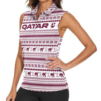 Qatar Christmas Women Sleeveless Polo Shirt with Maroon-White Pattern, National Emblem, and Camel Motif - Wonder Print Shop