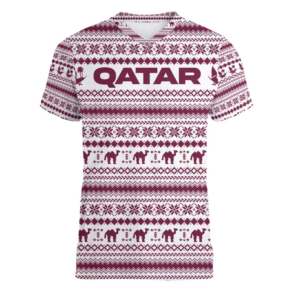 Qatar Christmas Women V-Neck T-Shirt with Maroon-White Pattern, National Emblem, and Camel Motif - Wonder Print Shop