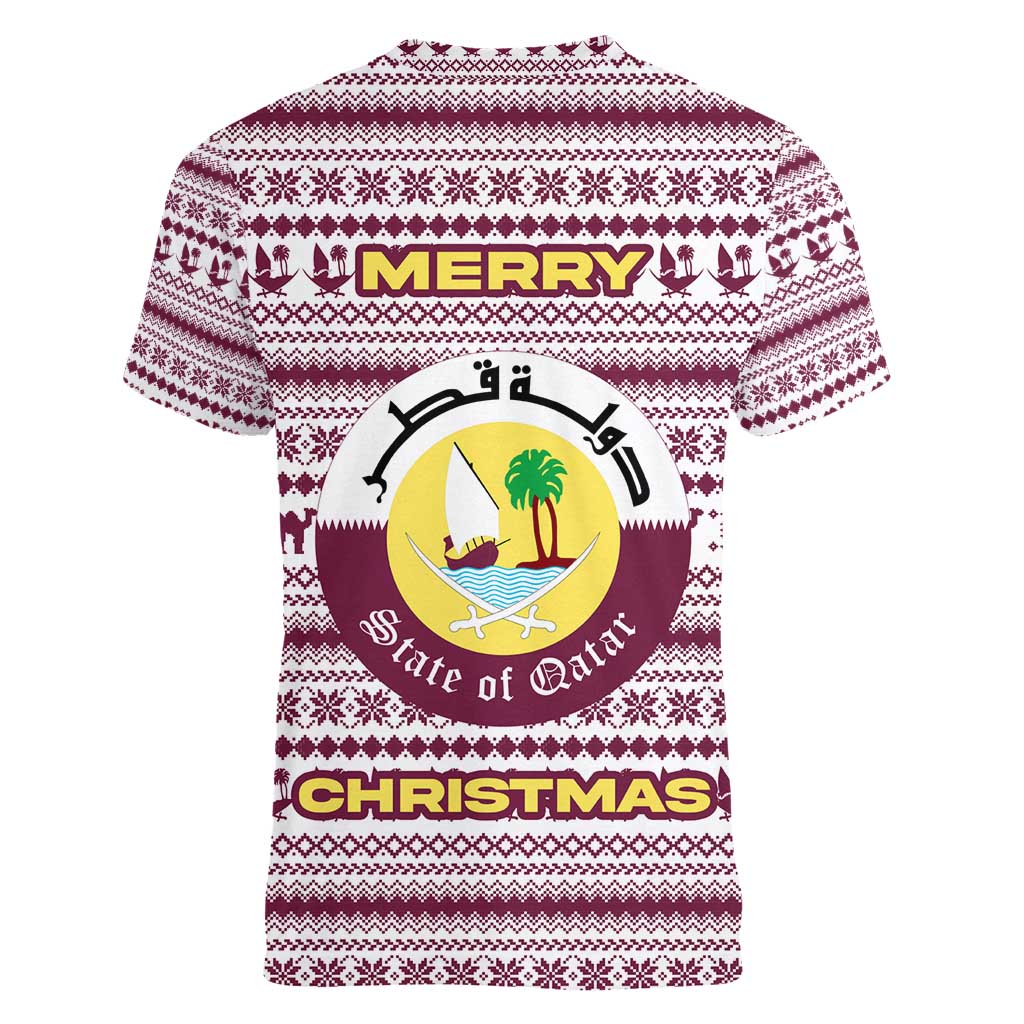Qatar Christmas Women V-Neck T-Shirt with Maroon-White Pattern, National Emblem, and Camel Motif - Wonder Print Shop
