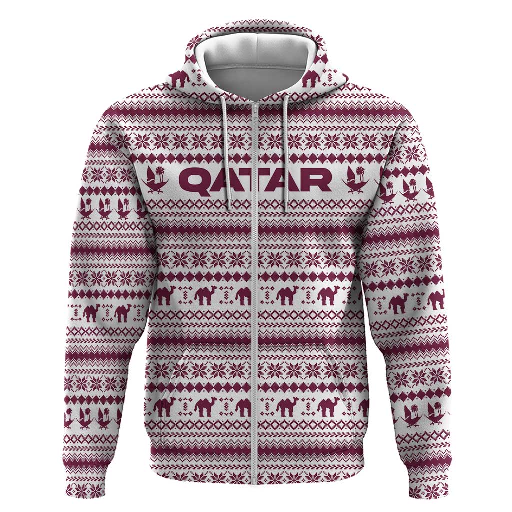 Qatar Christmas Zip Hoodie with Maroon-White Pattern, National Emblem, and Camel Motif - Wonder Print Shop