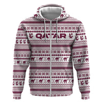 Qatar Christmas Zip Hoodie with Maroon-White Pattern, National Emblem, and Camel Motif - Wonder Print Shop