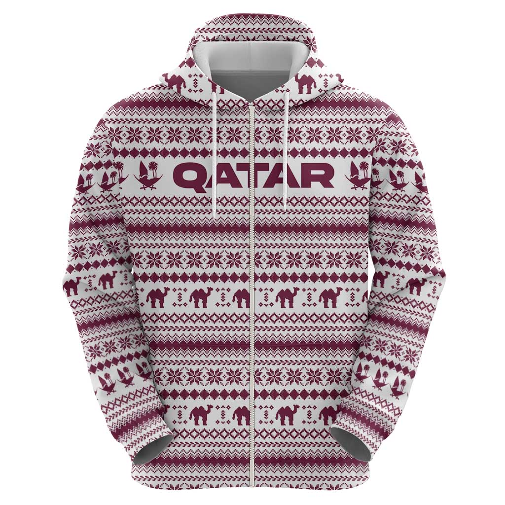Qatar Christmas Zip Hoodie with Maroon-White Pattern, National Emblem, and Camel Motif - Wonder Print Shop