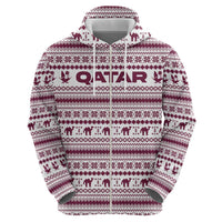 Qatar Christmas Zip Hoodie with Maroon-White Pattern, National Emblem, and Camel Motif - Wonder Print Shop