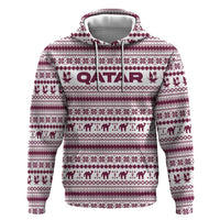 Qatar Christmas Zip Hoodie with Maroon-White Pattern, National Emblem, and Camel Motif - Wonder Print Shop