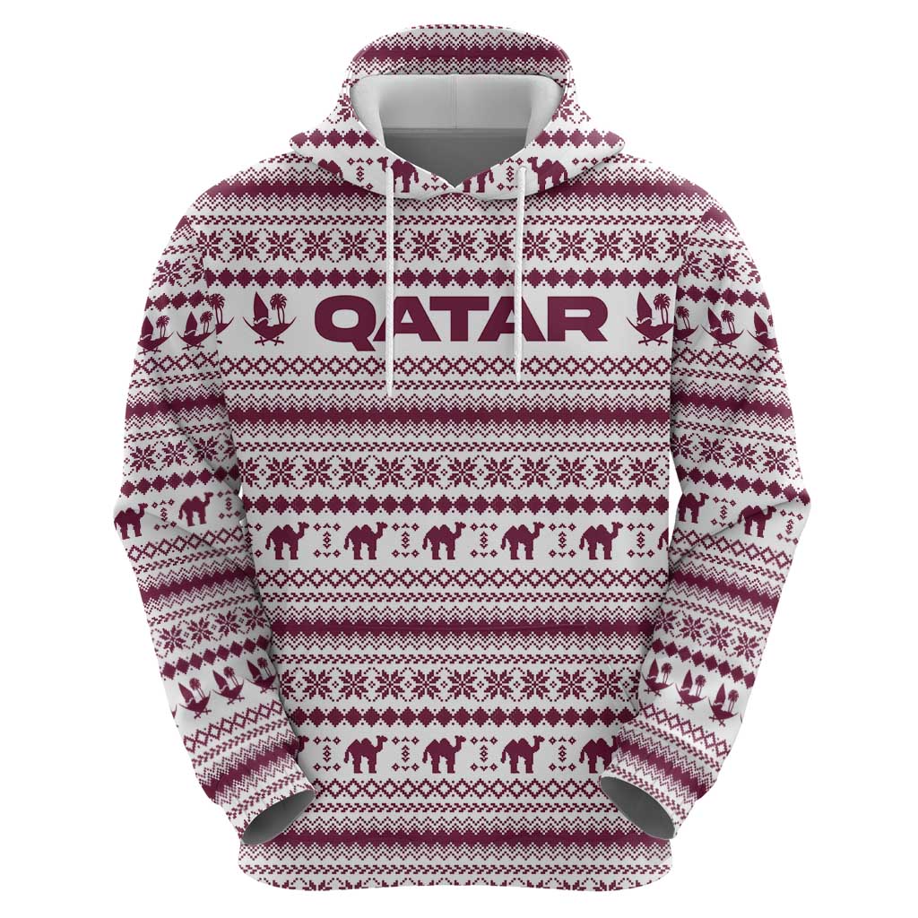 Qatar Christmas Zip Hoodie with Maroon-White Pattern, National Emblem, and Camel Motif - Wonder Print Shop