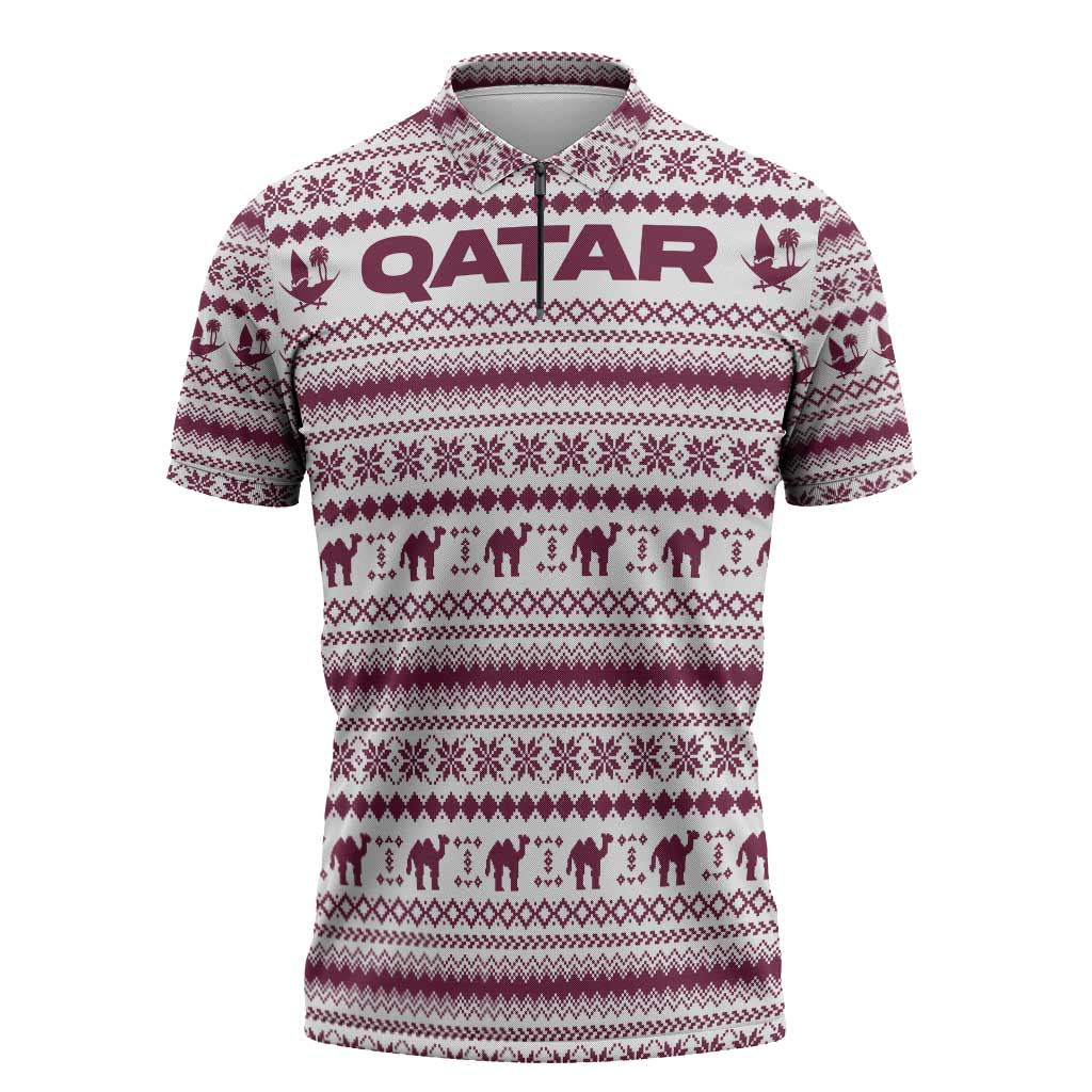 Qatar Christmas Zipper Polo Shirt with Maroon-White Pattern, National Emblem, and Camel Motif - Wonder Print Shop