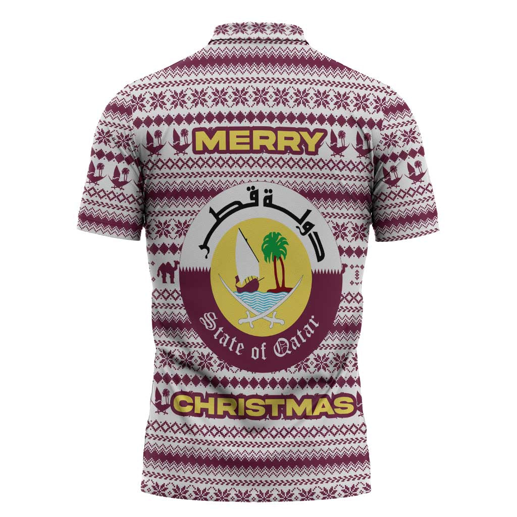 Qatar Christmas Zipper Polo Shirt with Maroon-White Pattern, National Emblem, and Camel Motif - Wonder Print Shop
