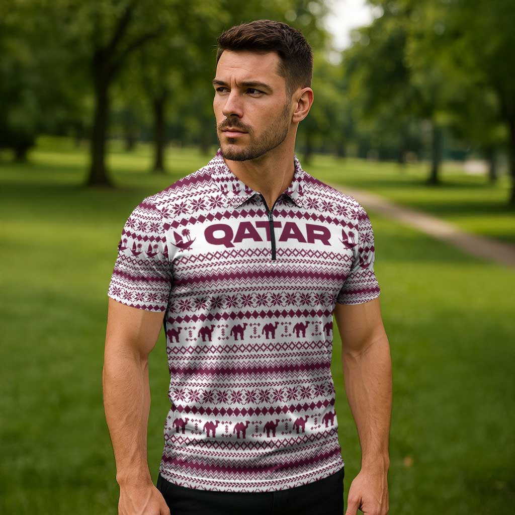 Qatar Christmas Zipper Polo Shirt with Maroon-White Pattern, National Emblem, and Camel Motif - Wonder Print Shop