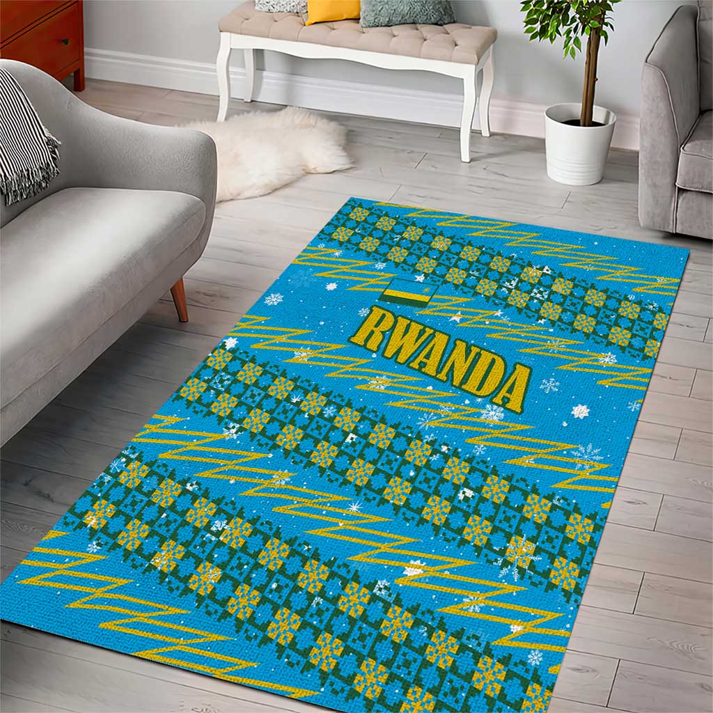 Rwanda Christmas Area Rug with Blue-Yellow Pattern, Festive Geometric Motifs, and Bold Typography - Wonder Print Shop