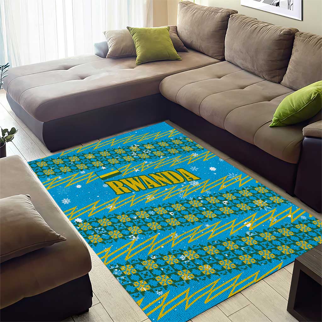 Rwanda Christmas Area Rug with Blue-Yellow Pattern, Festive Geometric Motifs, and Bold Typography - Wonder Print Shop