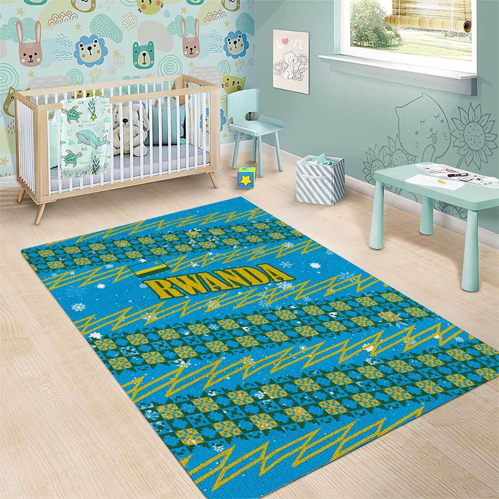 Rwanda Christmas Area Rug with Blue-Yellow Pattern, Festive Geometric Motifs, and Bold Typography - Wonder Print Shop