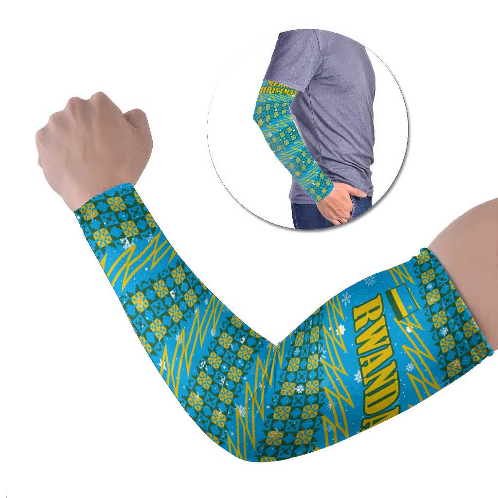 Rwanda Christmas Arm Sleeves with Blue-Yellow Pattern, Festive Geometric Motifs, and Bold Typography - Wonder Print Shop