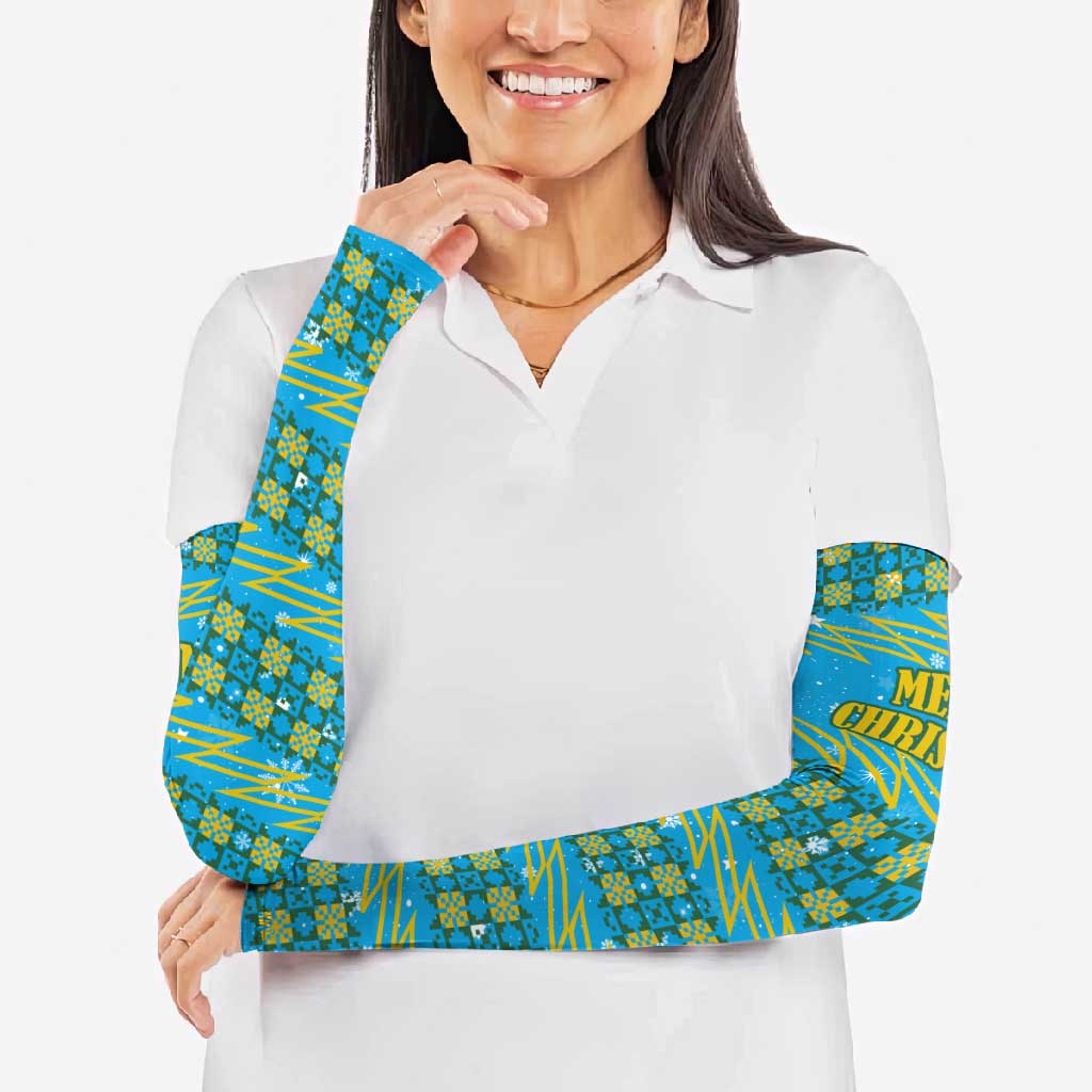 Rwanda Christmas Arm Sleeves with Blue-Yellow Pattern, Festive Geometric Motifs, and Bold Typography - Wonder Print Shop