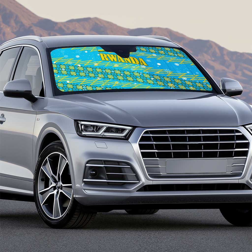 Rwanda Christmas Auto Sun Shade with Blue-Yellow Pattern, Festive Geometric Motifs, and Bold Typography - Wonder Print Shop