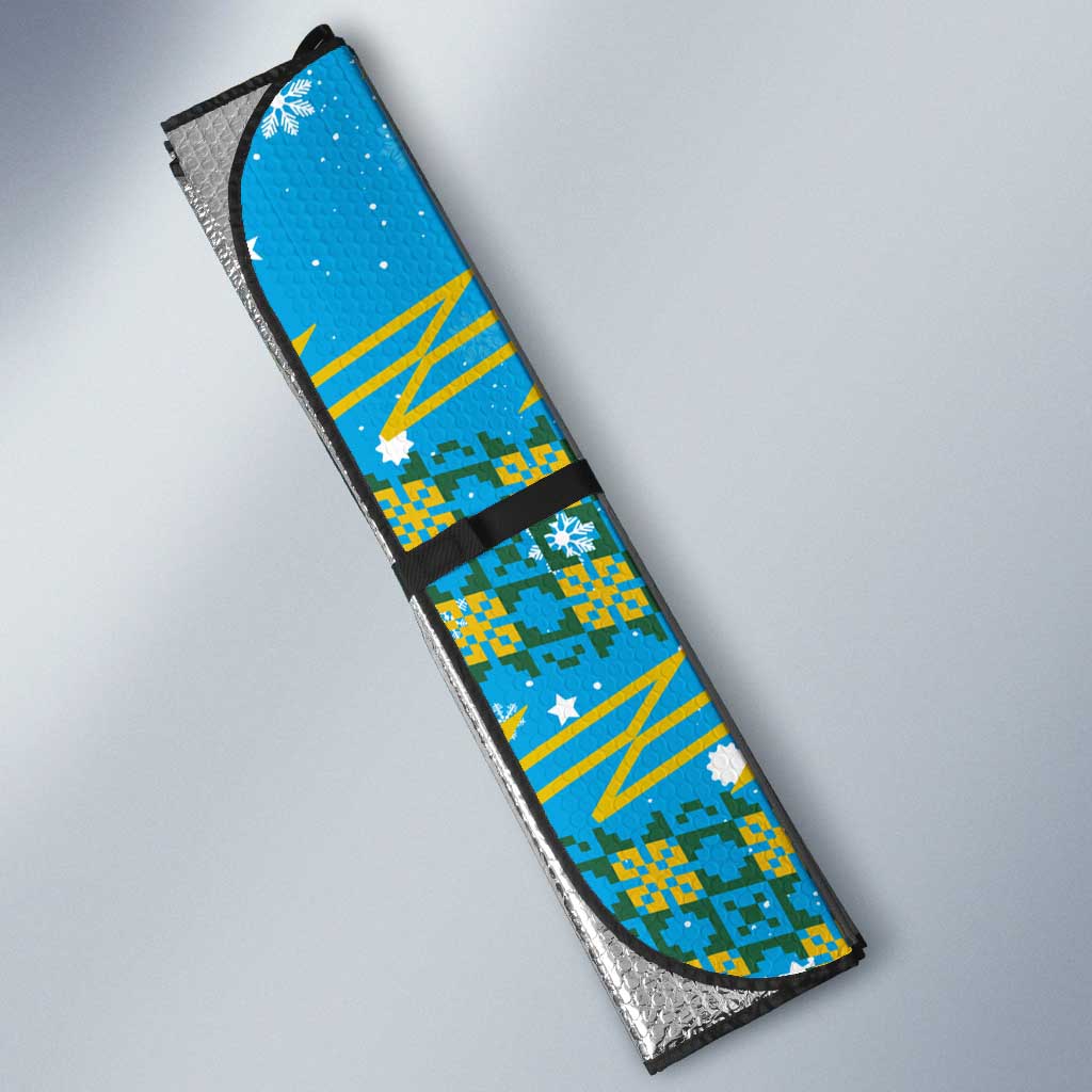 Rwanda Christmas Auto Sun Shade with Blue-Yellow Pattern, Festive Geometric Motifs, and Bold Typography - Wonder Print Shop