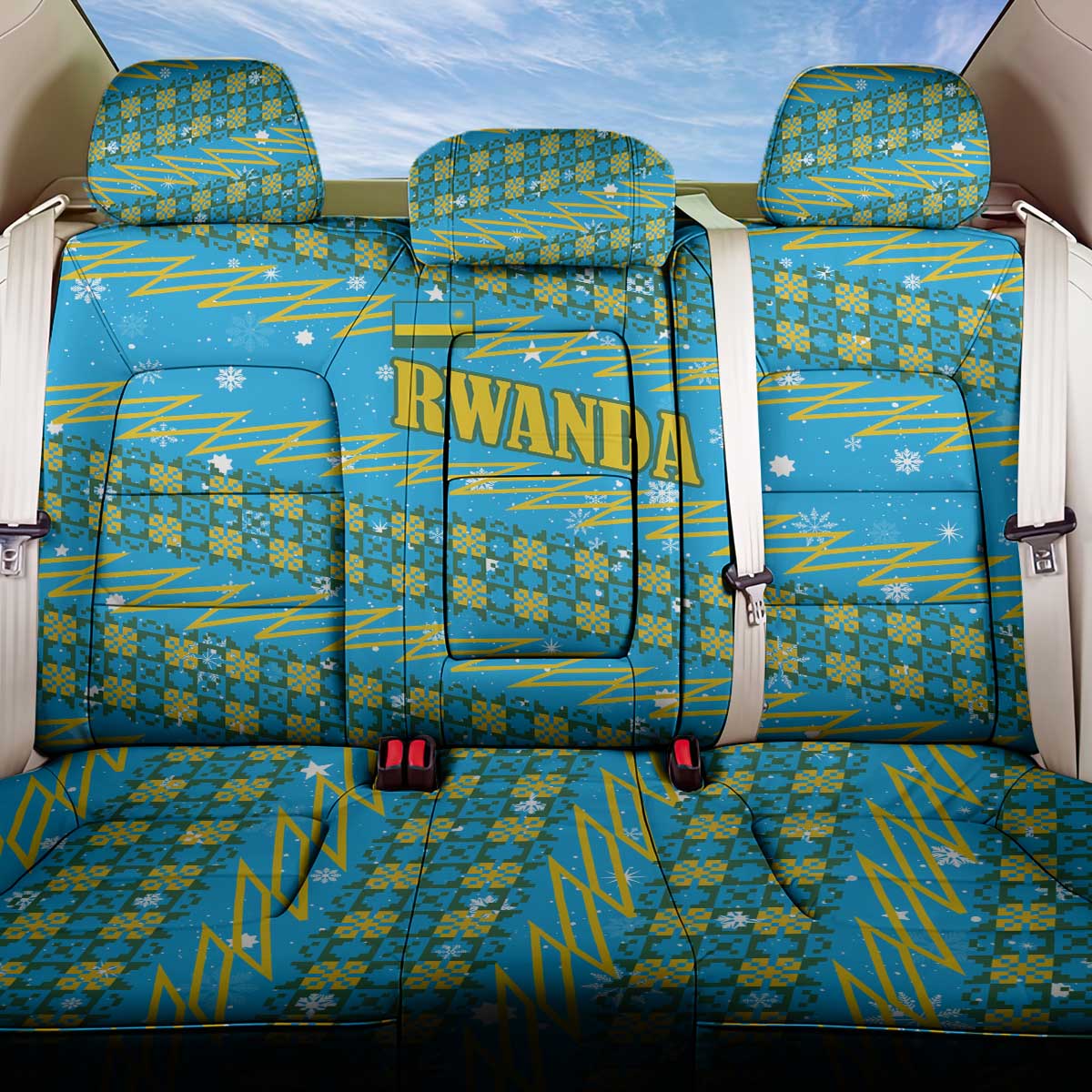 Rwanda Christmas Back Car Seat Cover with Blue-Yellow Pattern, Festive Geometric Motifs, and Bold Typography - Wonder Print Shop