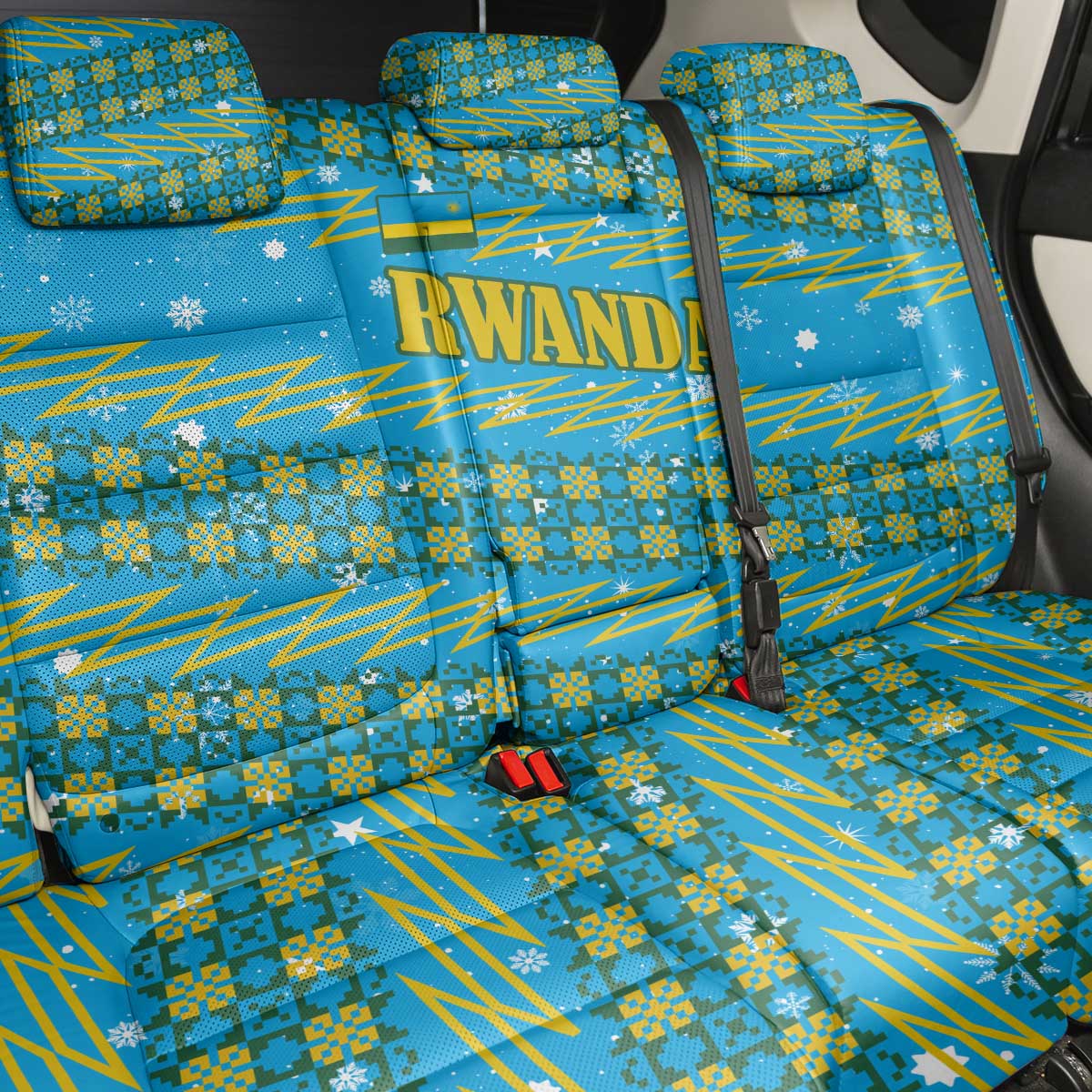 Rwanda Christmas Back Car Seat Cover with Blue-Yellow Pattern, Festive Geometric Motifs, and Bold Typography - Wonder Print Shop