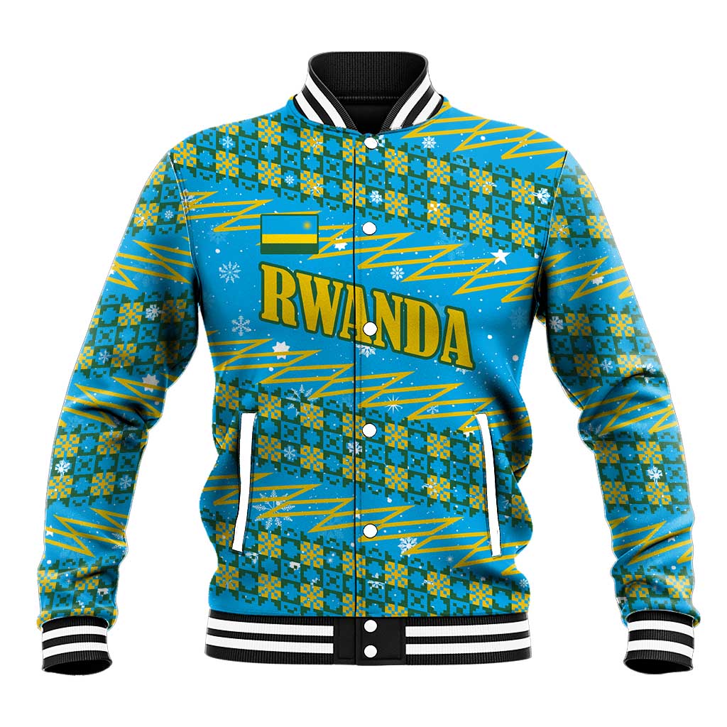 Rwanda Christmas Baseball Jacket with Blue-Yellow Pattern, Festive Geometric Motifs, and Bold Typography - Wonder Print Shop