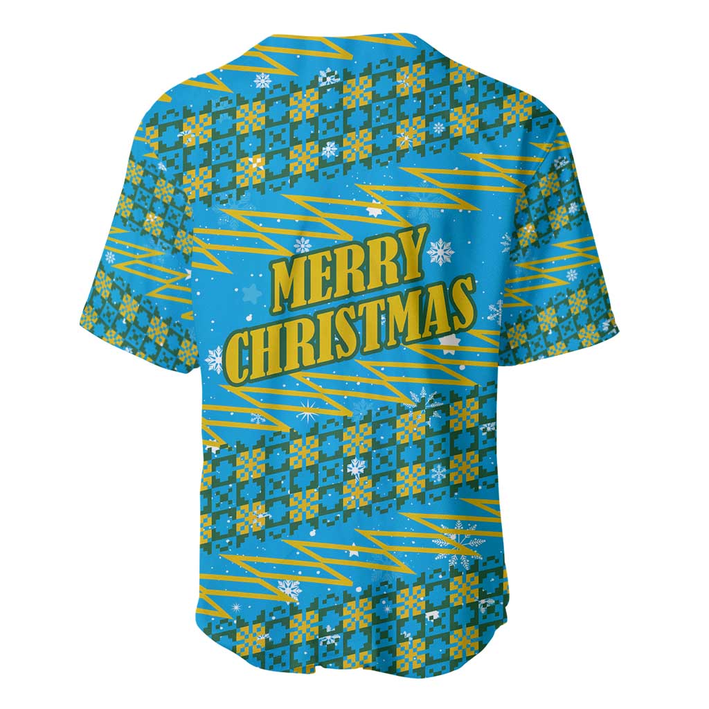 Rwanda Christmas Baseball Jersey with Blue-Yellow Pattern, Festive Geometric Motifs, and Bold Typography - Wonder Print Shop
