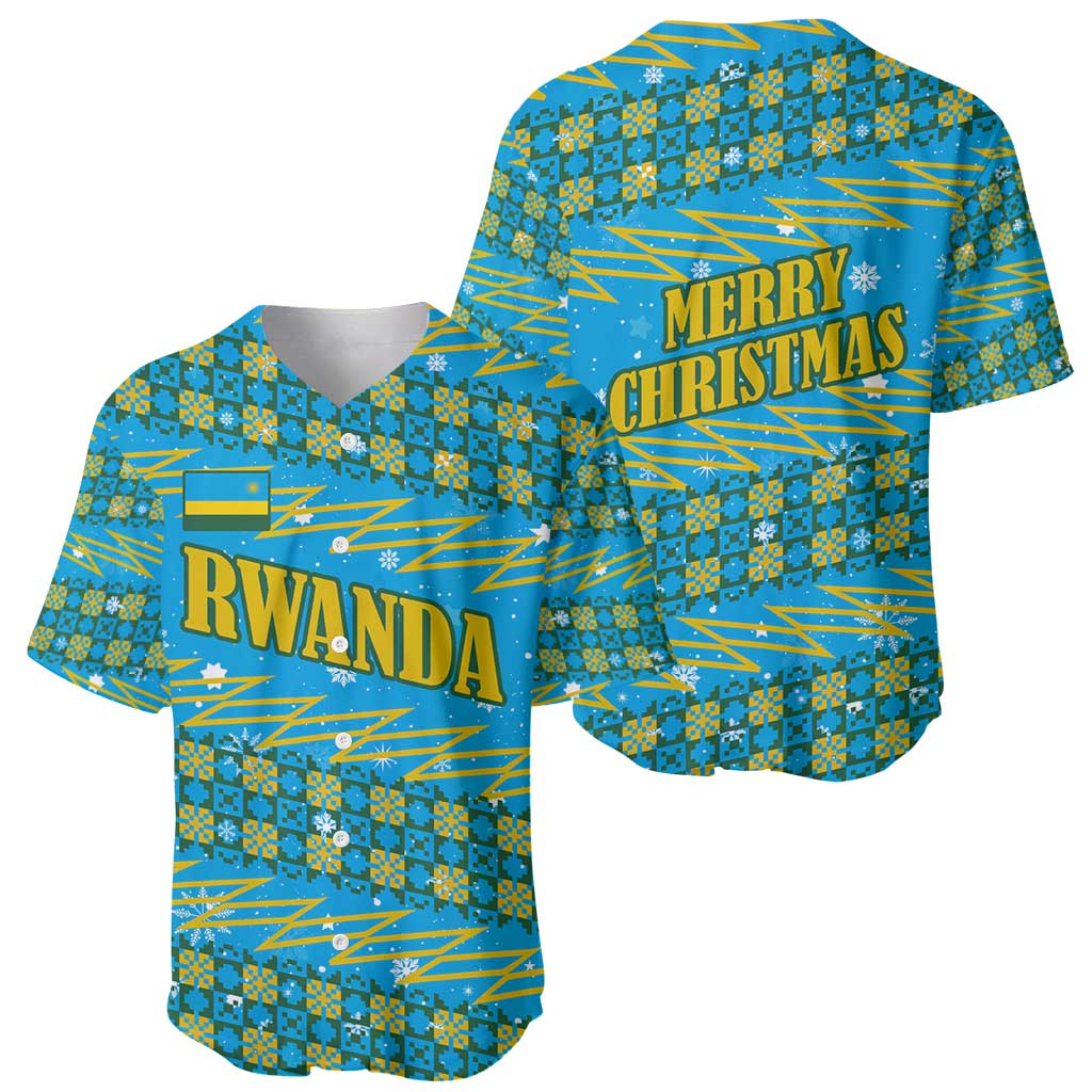 Rwanda Christmas Baseball Jersey with Blue-Yellow Pattern, Festive Geometric Motifs, and Bold Typography - Wonder Print Shop