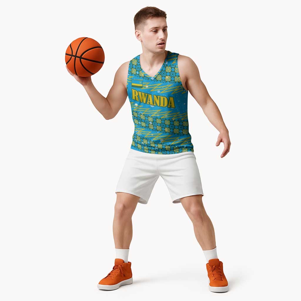 Rwanda Christmas Basketball Jersey with Blue-Yellow Pattern, Festive Geometric Motifs, and Bold Typography - Wonder Print Shop