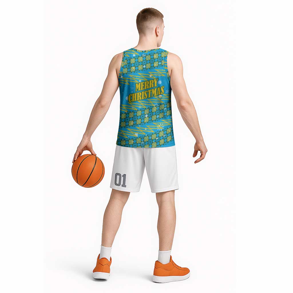 Rwanda Christmas Basketball Jersey with Blue-Yellow Pattern, Festive Geometric Motifs, and Bold Typography - Wonder Print Shop