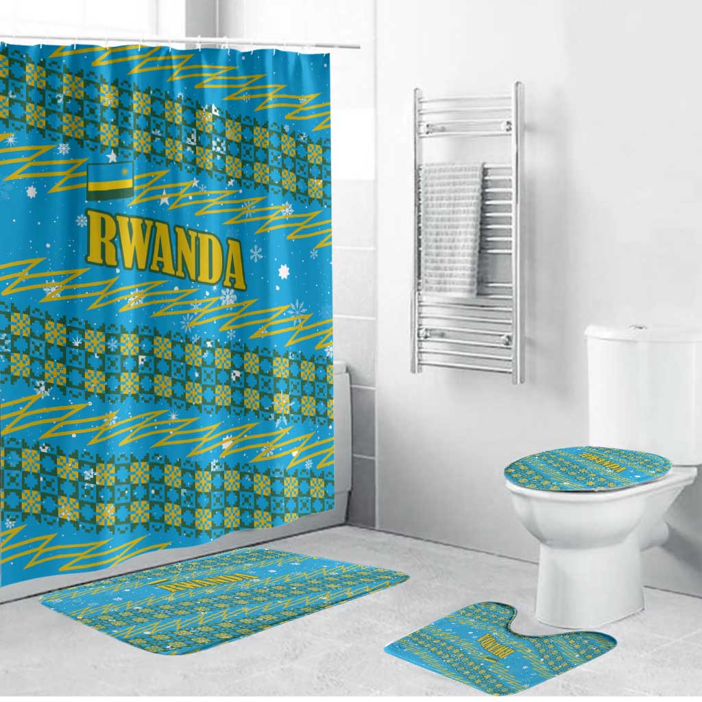 Rwanda Christmas Bathroom Set with Blue-Yellow Pattern, Festive Geometric Motifs, and Bold Typography - Wonder Print Shop