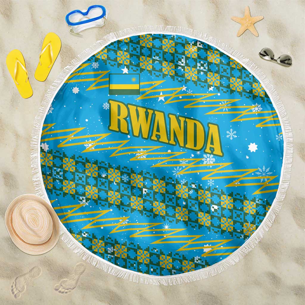 Rwanda Christmas Beach Blanket with Blue-Yellow Pattern, Festive Geometric Motifs, and Bold Typography - Wonder Print Shop