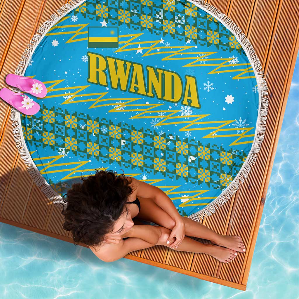Rwanda Christmas Beach Blanket with Blue-Yellow Pattern, Festive Geometric Motifs, and Bold Typography - Wonder Print Shop