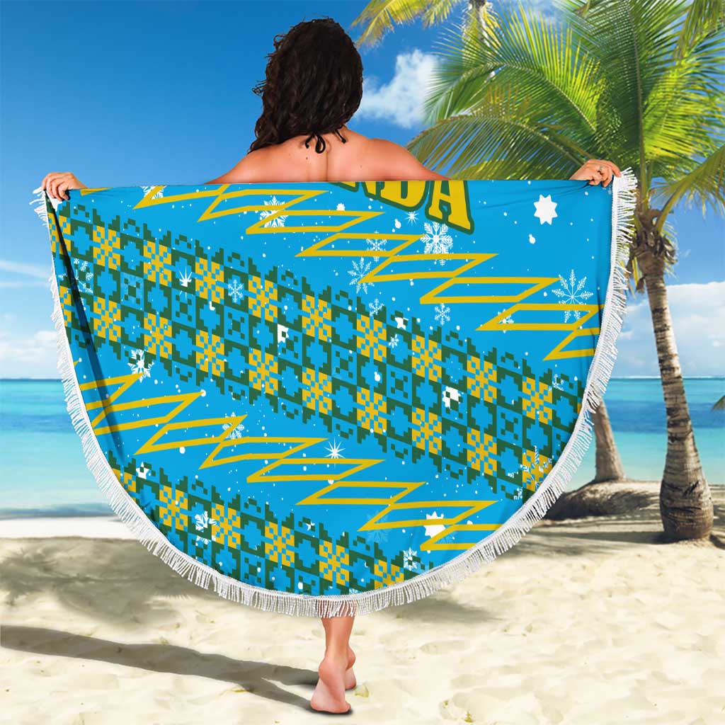 Rwanda Christmas Beach Blanket with Blue-Yellow Pattern, Festive Geometric Motifs, and Bold Typography - Wonder Print Shop